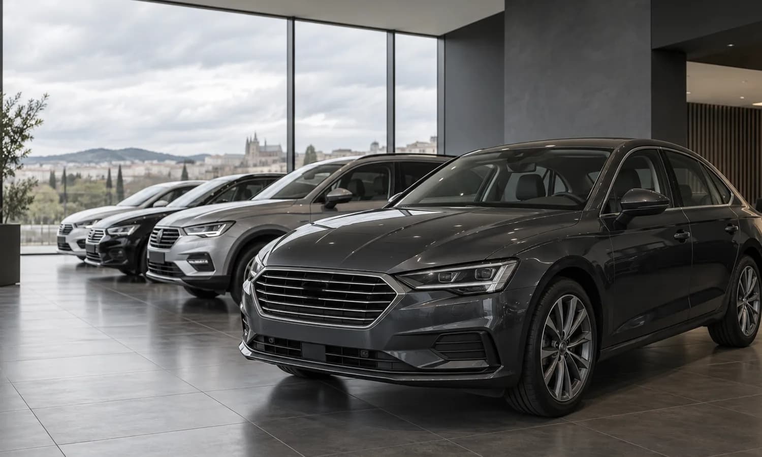 Coches de ocasión expuestos en un concesionario bajo luz natural